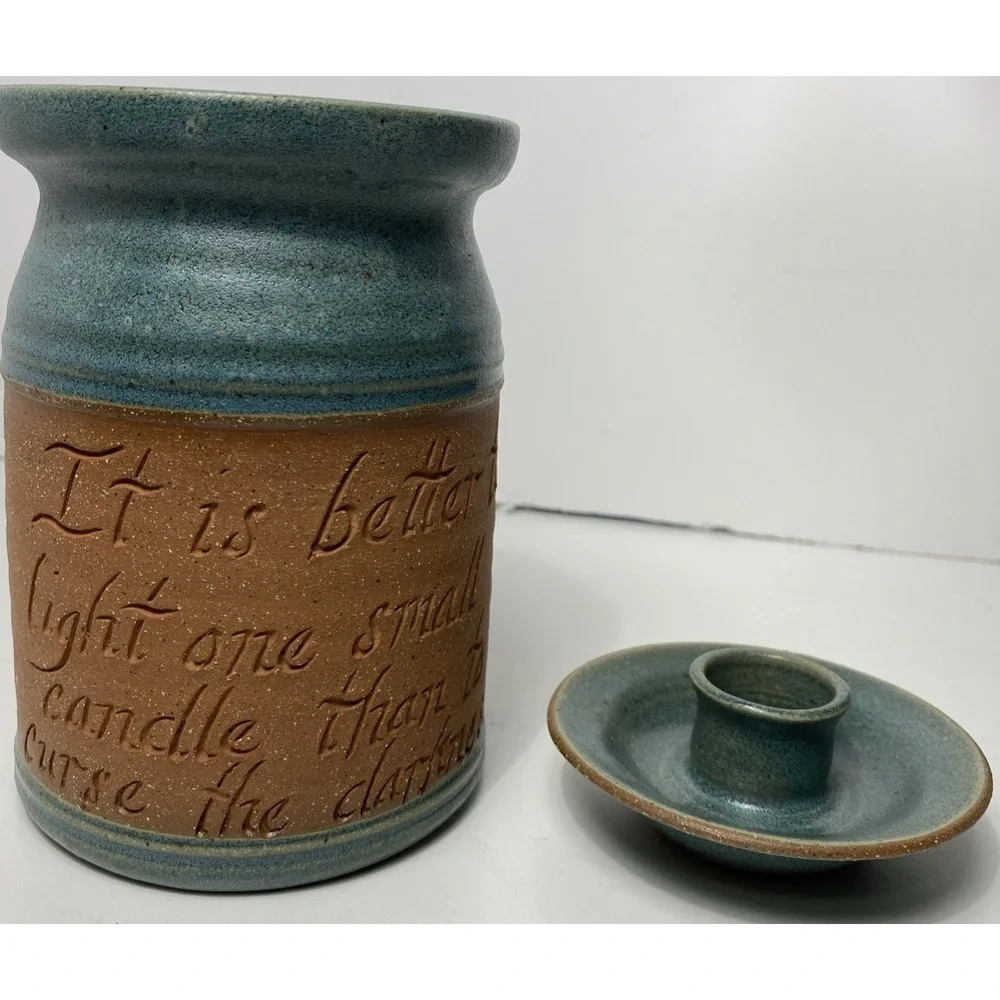 Handmade Stoneware Quote Jar Candle Storm Design Made in USA 6.5x4 Stamped